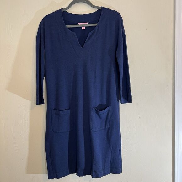 Lilly Pulitzer Joyce T Shirt Dress Sz XS Blue V Neck 3/4 Sleeve UPF 50 Casual - Picture 1 of 5